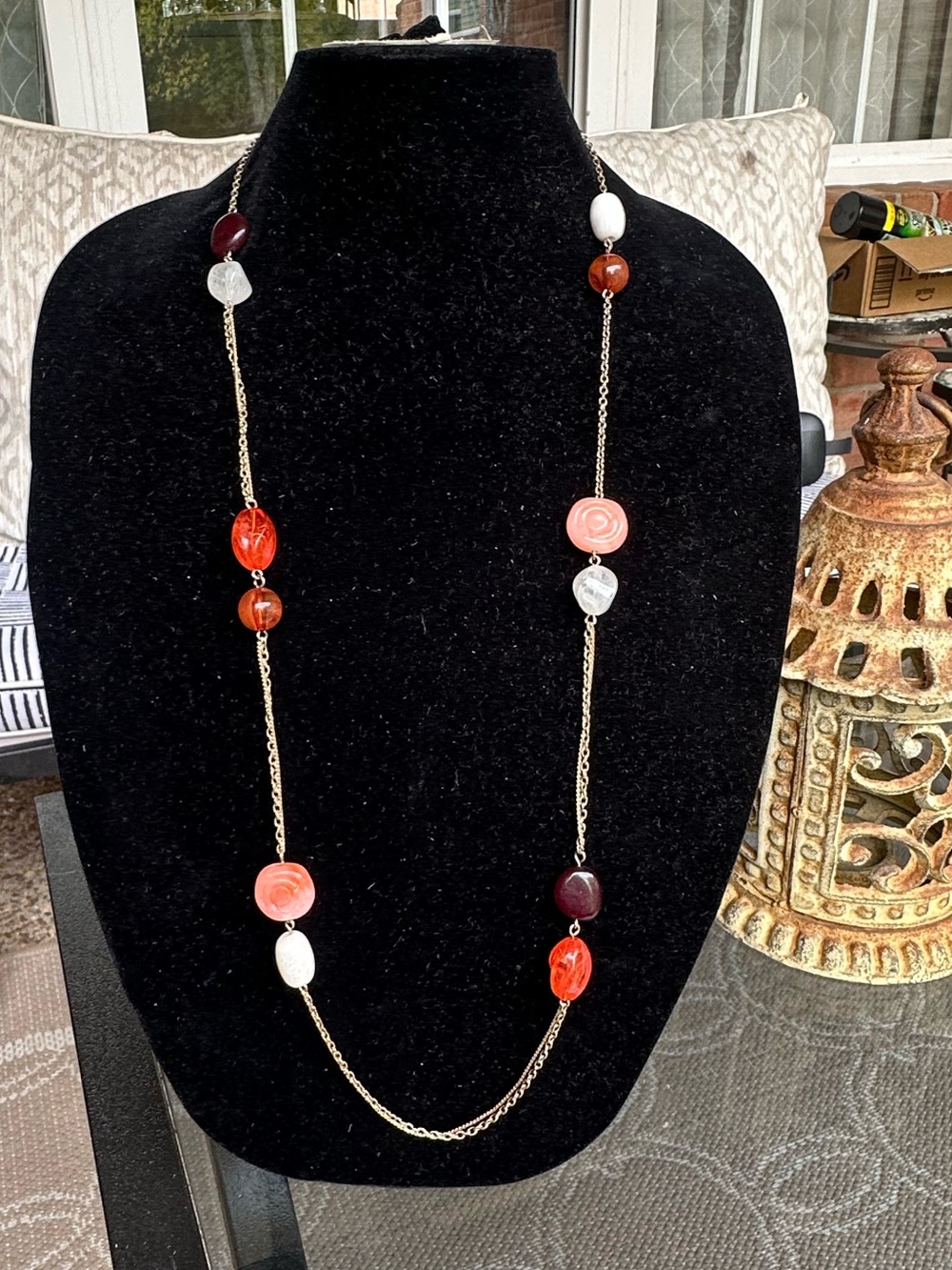 Vintage Style Autumn Chunky Resin Bead Station Chain Necklace Warm Tones Boho
